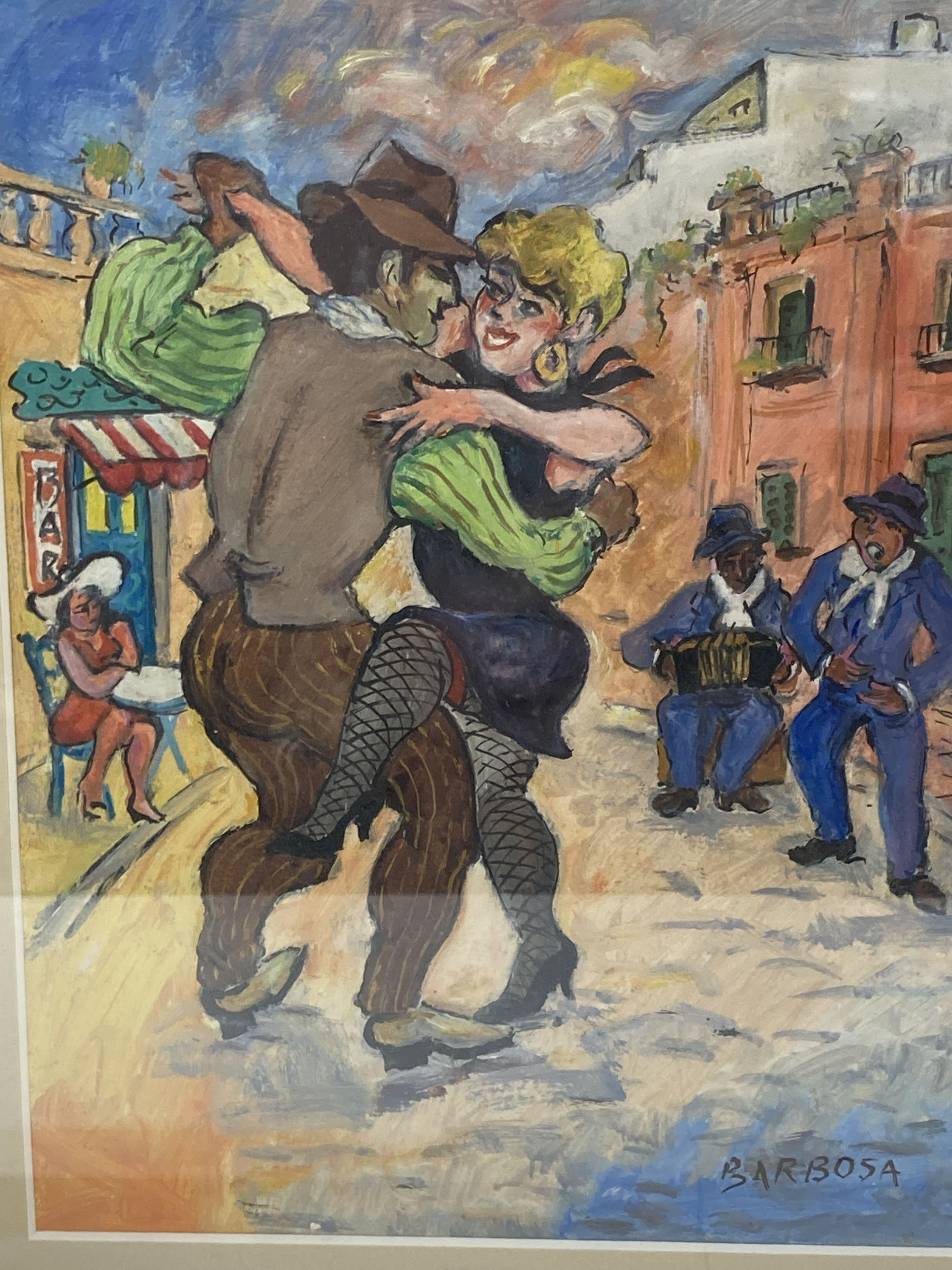 Barbosa (South American), watercolour, Figures dancing in the street, signed, 26 x 20cm